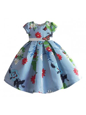 Vestito Elegante Cerimonia Abito Bambina Righe e Fiori DGZF039