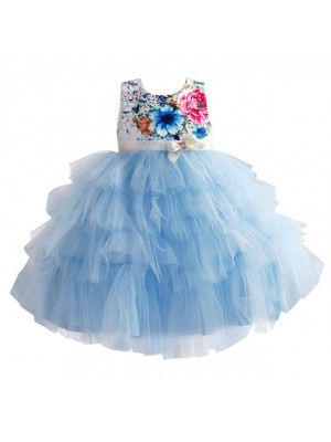 Vestito Elegante Cerimonia Abito Bambina Tulle Azzurro DGZF042