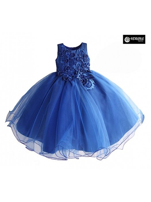 Vestito Elegante Cerimonia Abito Bambina Tulle Blu DGZF048B