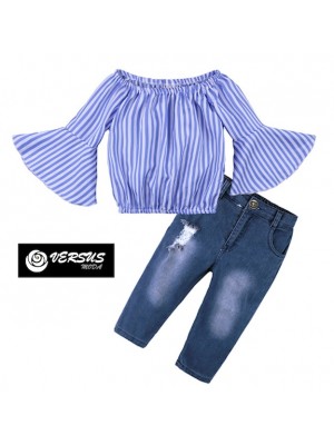 Maglia Top Manica Larga Bambina e Jeans Strappato SETCH10