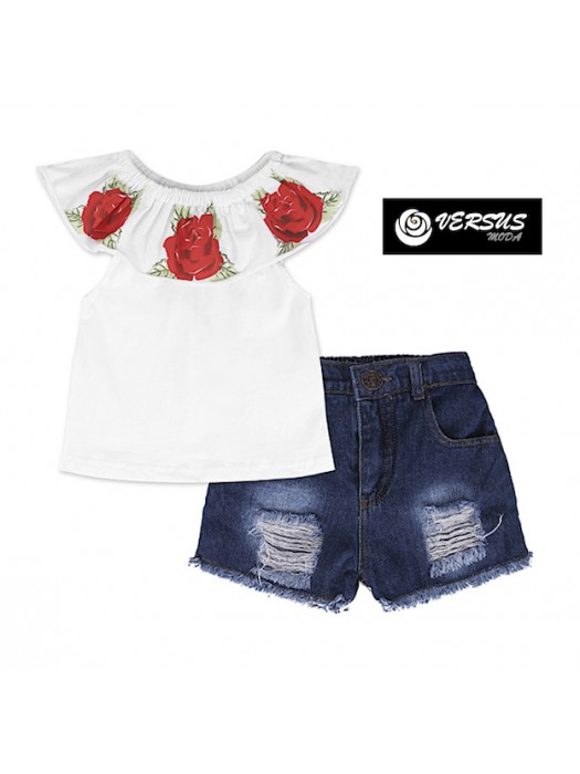 Set Maglia Top Spalle Scoperte e Pantaloncini Jeans Bambina SETCH20