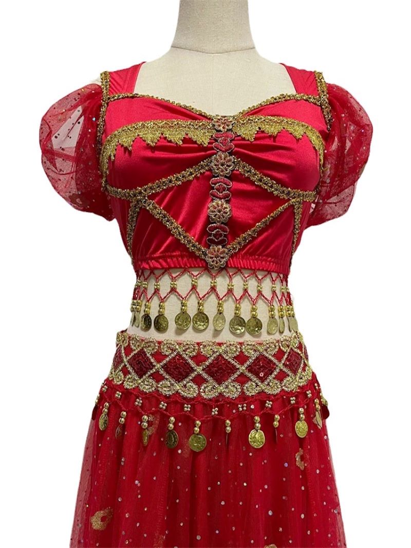 Gonna Danza Del Ventre Con Copricapo E Cintura A Monete - Rosso, Sciarpa Fianchi In Chiffon, Set Per Ballo, Yoga E Spettacoli